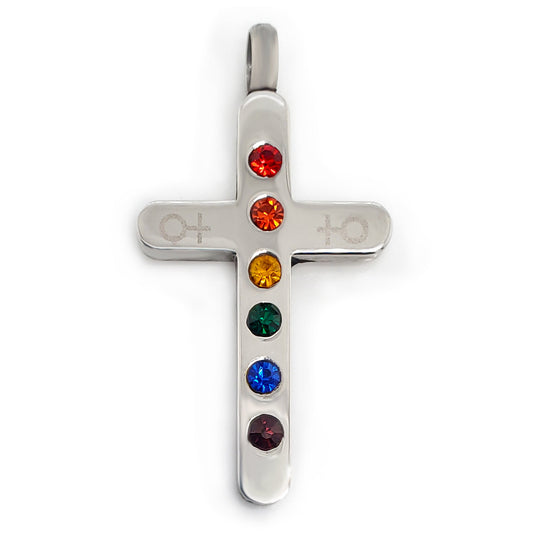 Stainless Steel Cubic Zirconia Rainbow Female Venus Symbol Cross Pendant