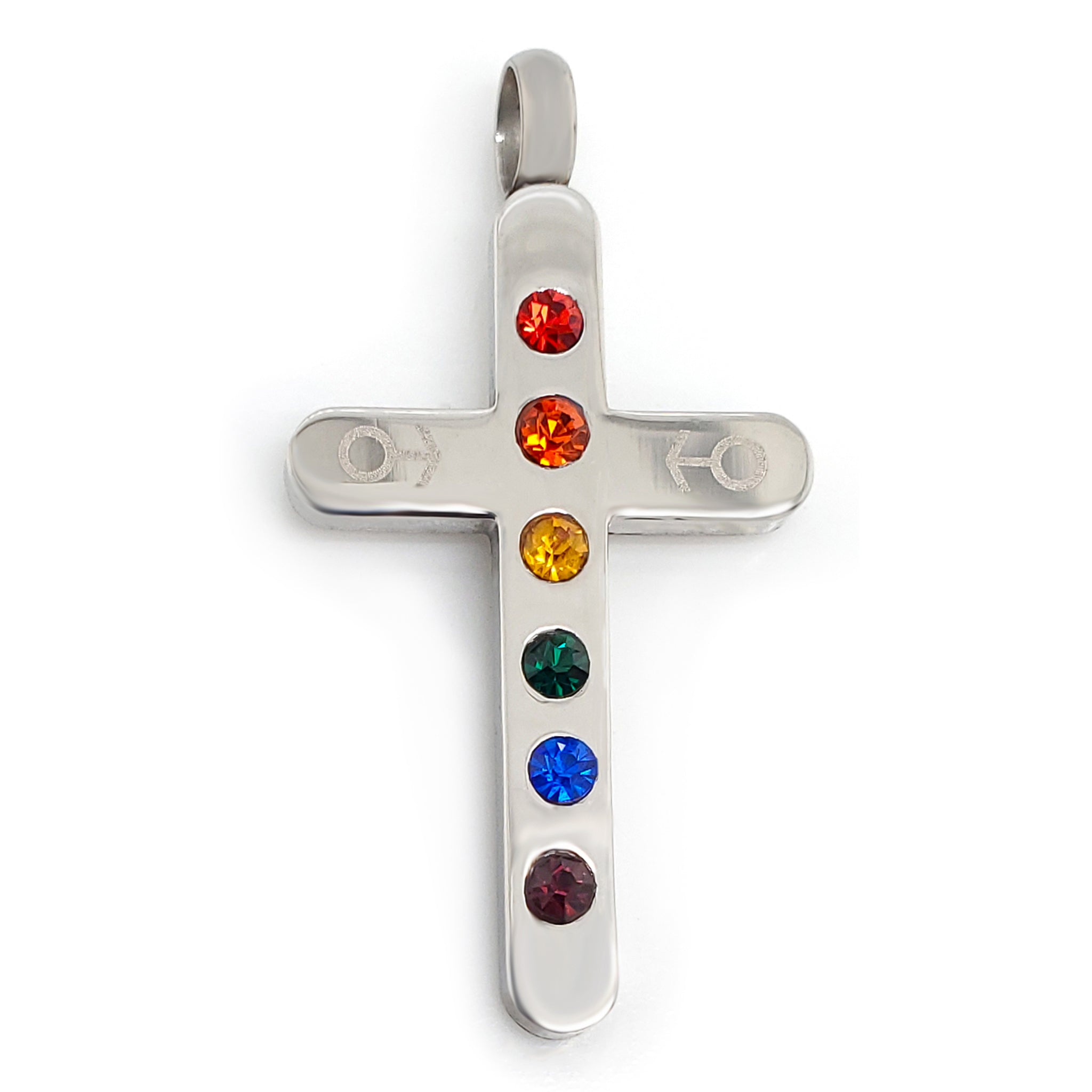 Stainless Steel Cubic Zirconia Rainbow Male Mars Symbol Cross Pendant