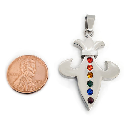 Stainless Steel Cubic Zirconia Rainbow Fleur de Lis Pendant