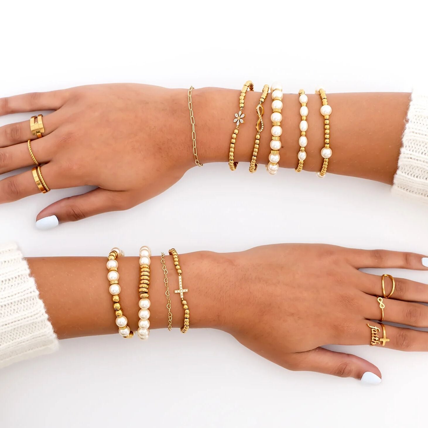 18K Gold PVD 8mm Kiska Glass Pearl Beaded Stretch Bracelet