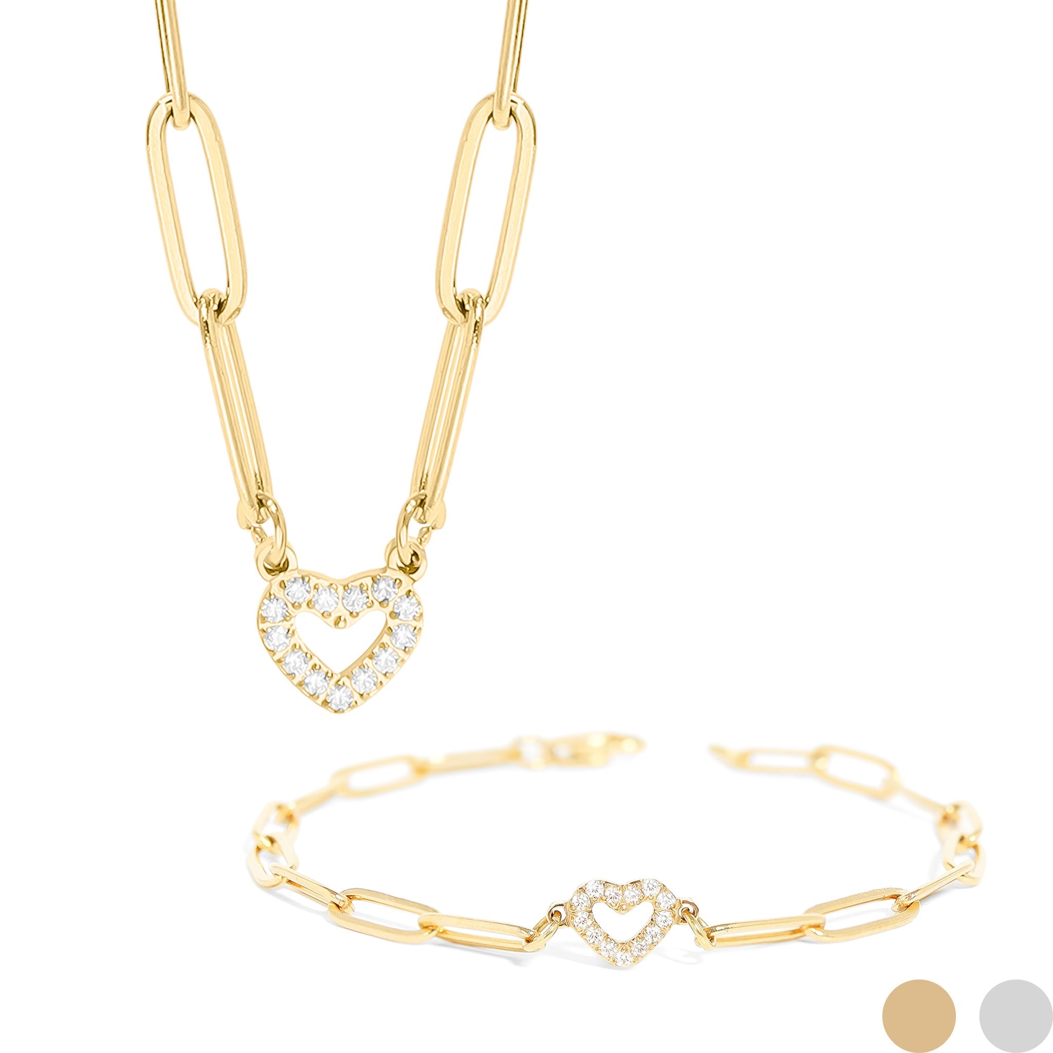 18K Gold PVD Stainless Steel Stone Heart Paperclip Chain Set