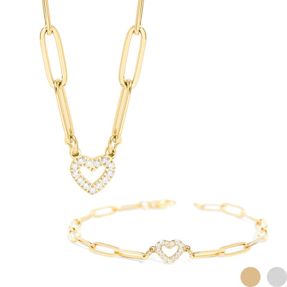 18K Gold PVD Stainless Steel Stone Heart Paperclip Chain Set