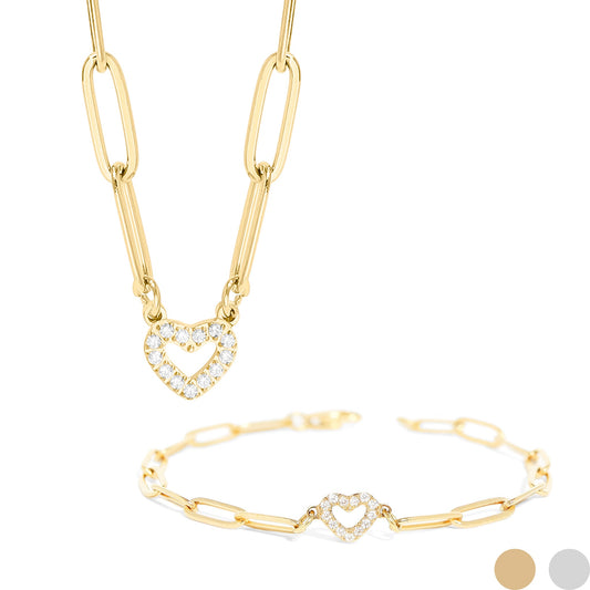 18K Gold PVD Stainless Steel Stone Heart Paperclip Chain Set