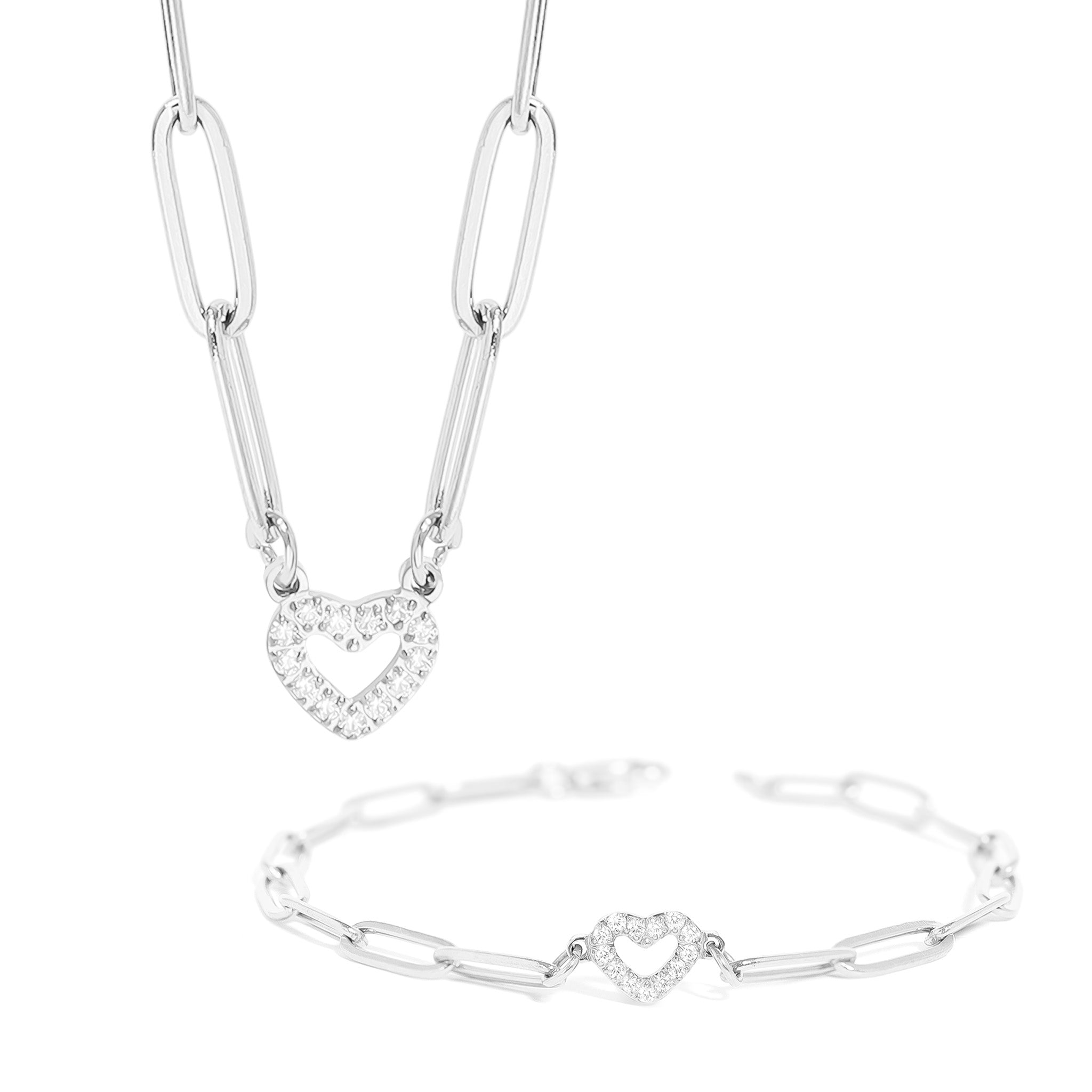 18K Gold PVD Stainless Steel Stone Heart Paperclip Chain Set