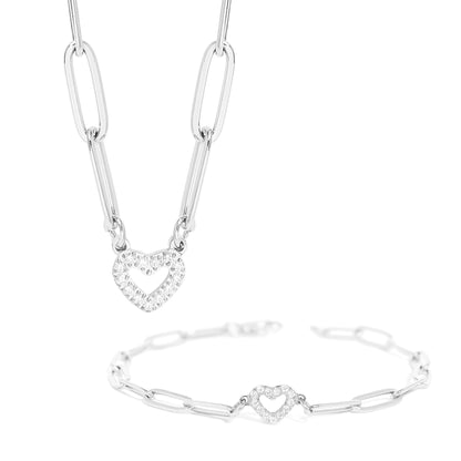 18K Gold PVD Stainless Steel Stone Heart Paperclip Chain Set