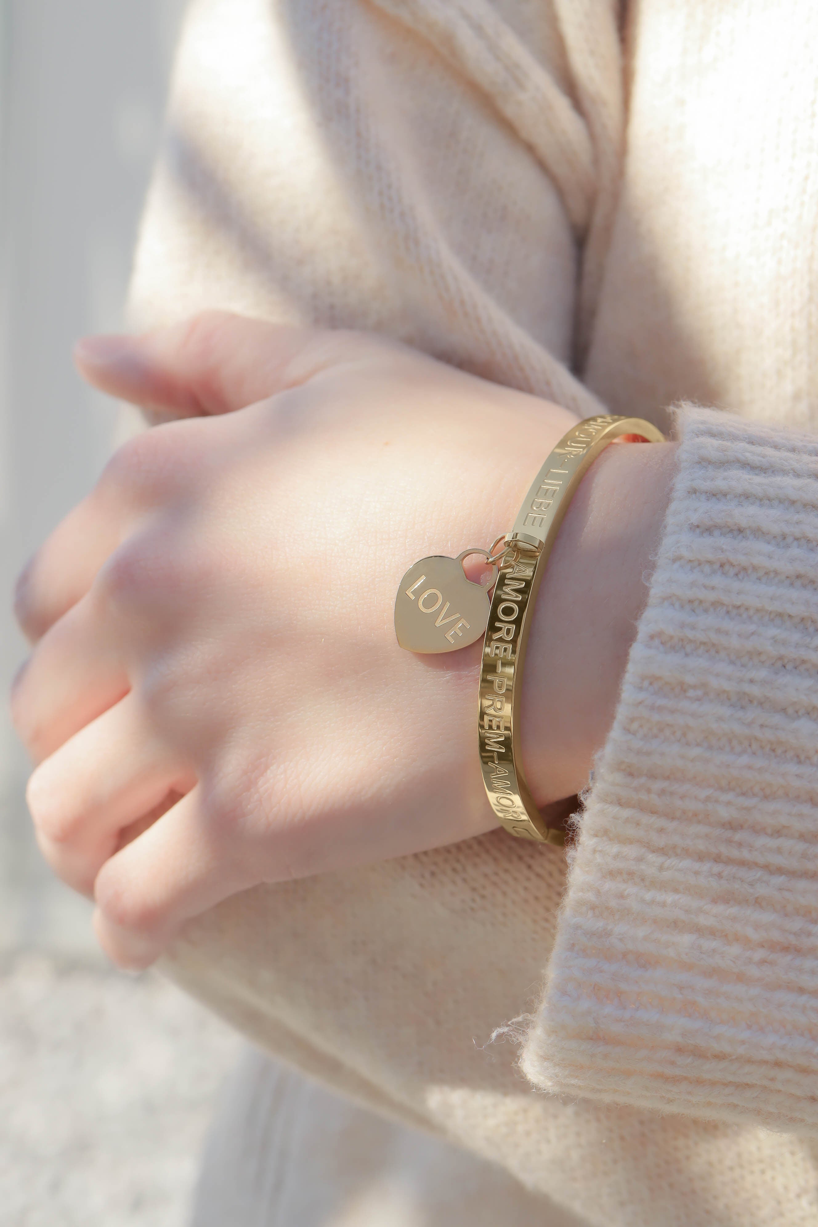18K Gold PVD Stainless Steel Love Languages Heart Charm Bangle