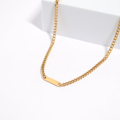 18K Gold PVD Stainless Steel Engravable Curb Chain Bar Necklace