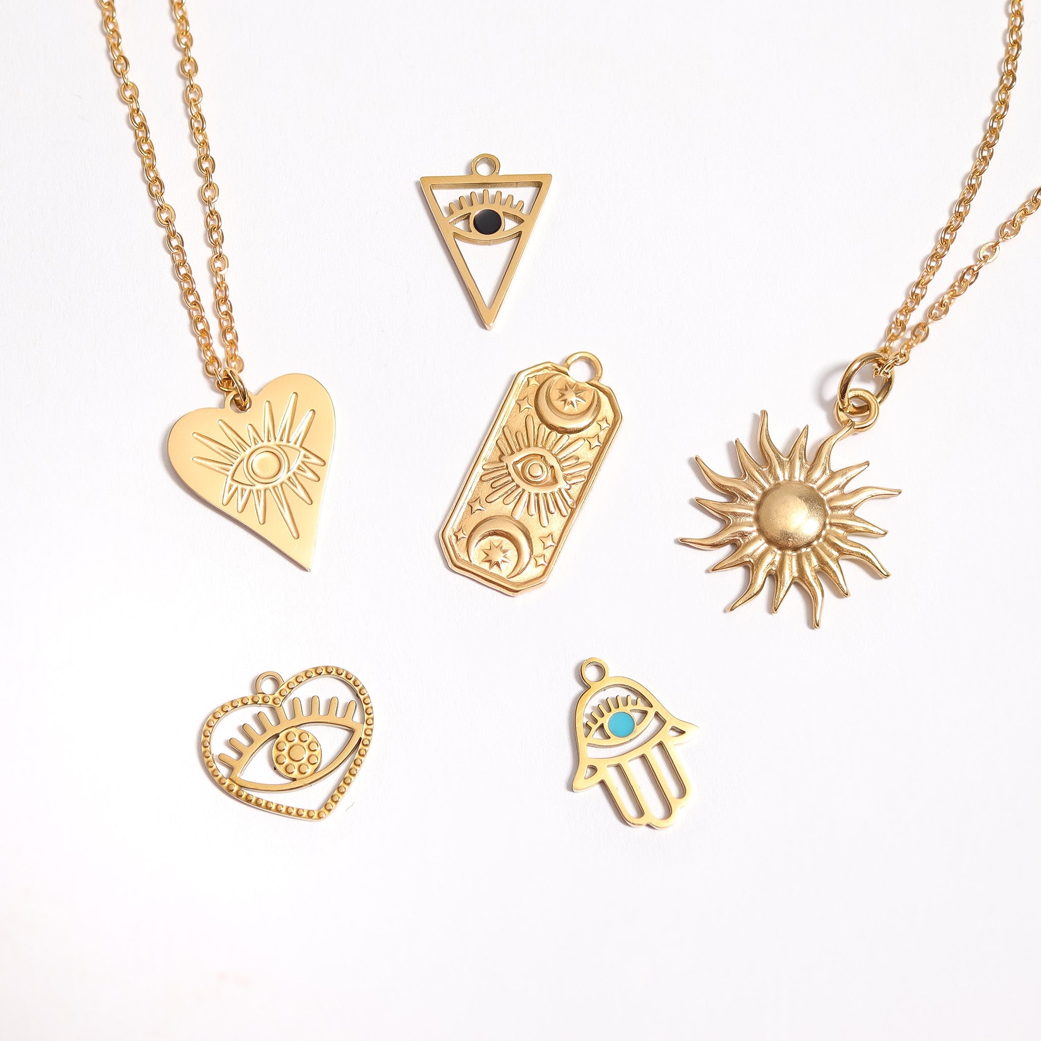 18K Gold PVD Stainless Steel Cutout Hamsa Hand Evil Eye Charm