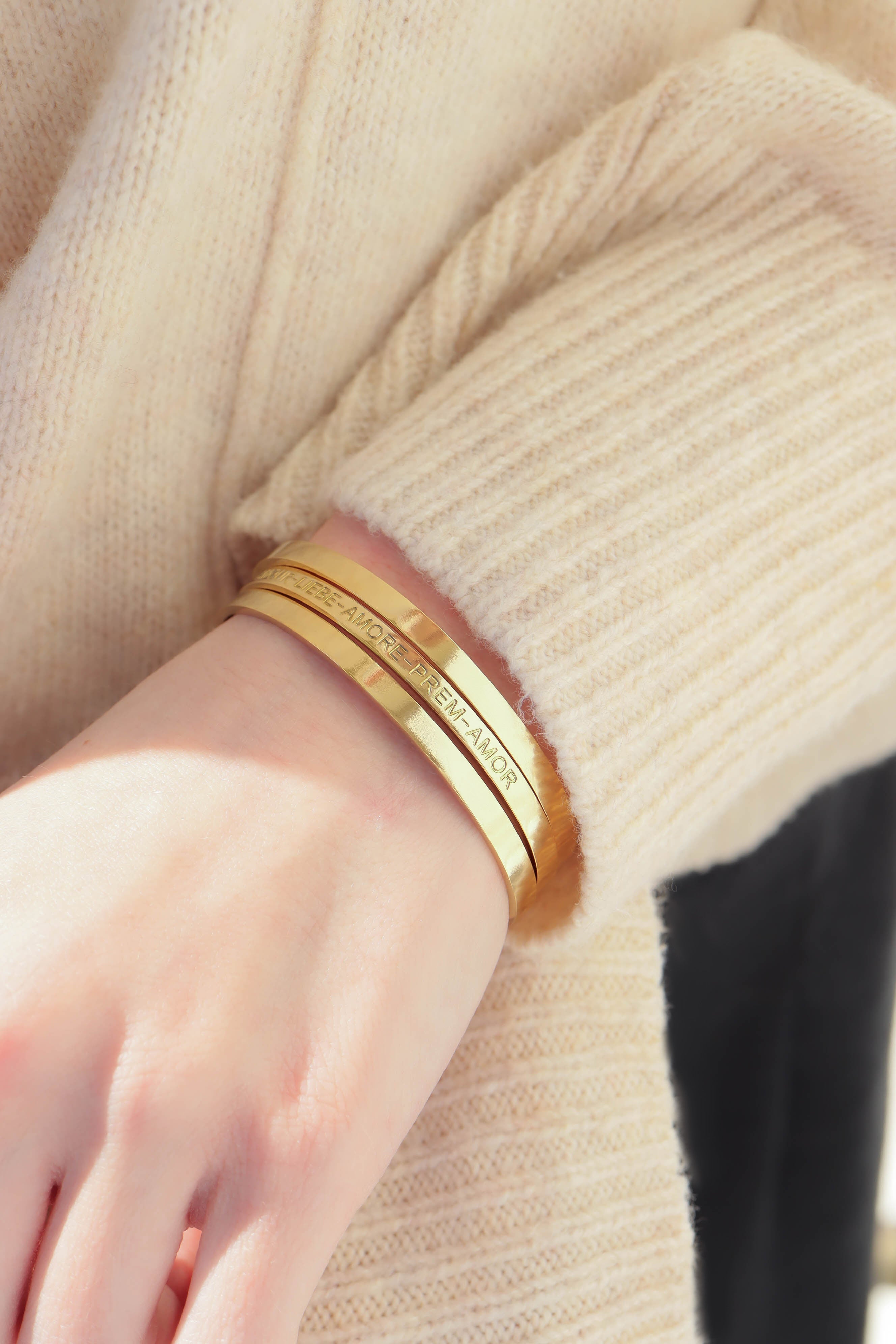 18K Gold PVD Stainless Steel Love Languages 3 Pc Bangle Set