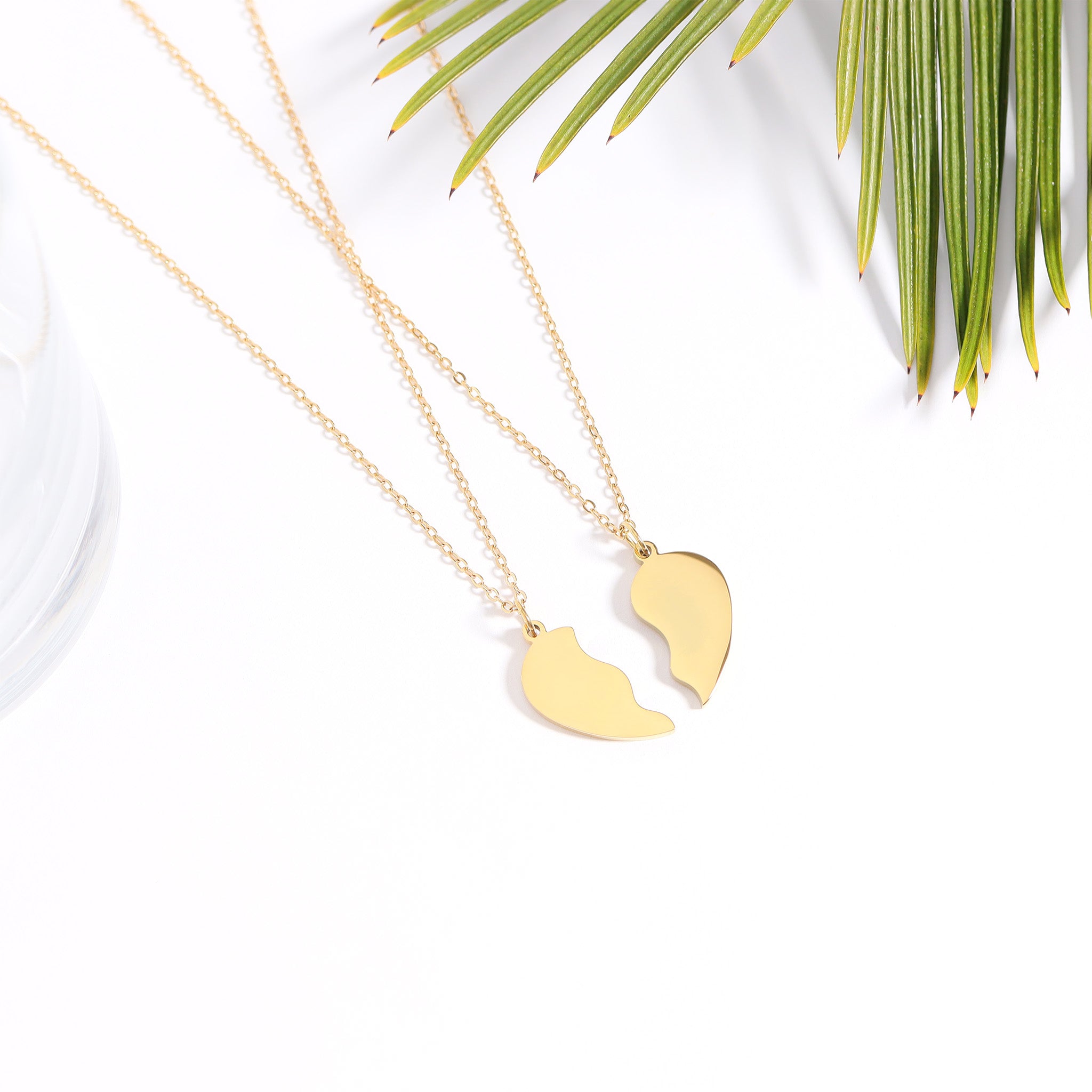 18K Gold PVD Stainless Steel Break Apart Engravable Blank Heart Necklace Set