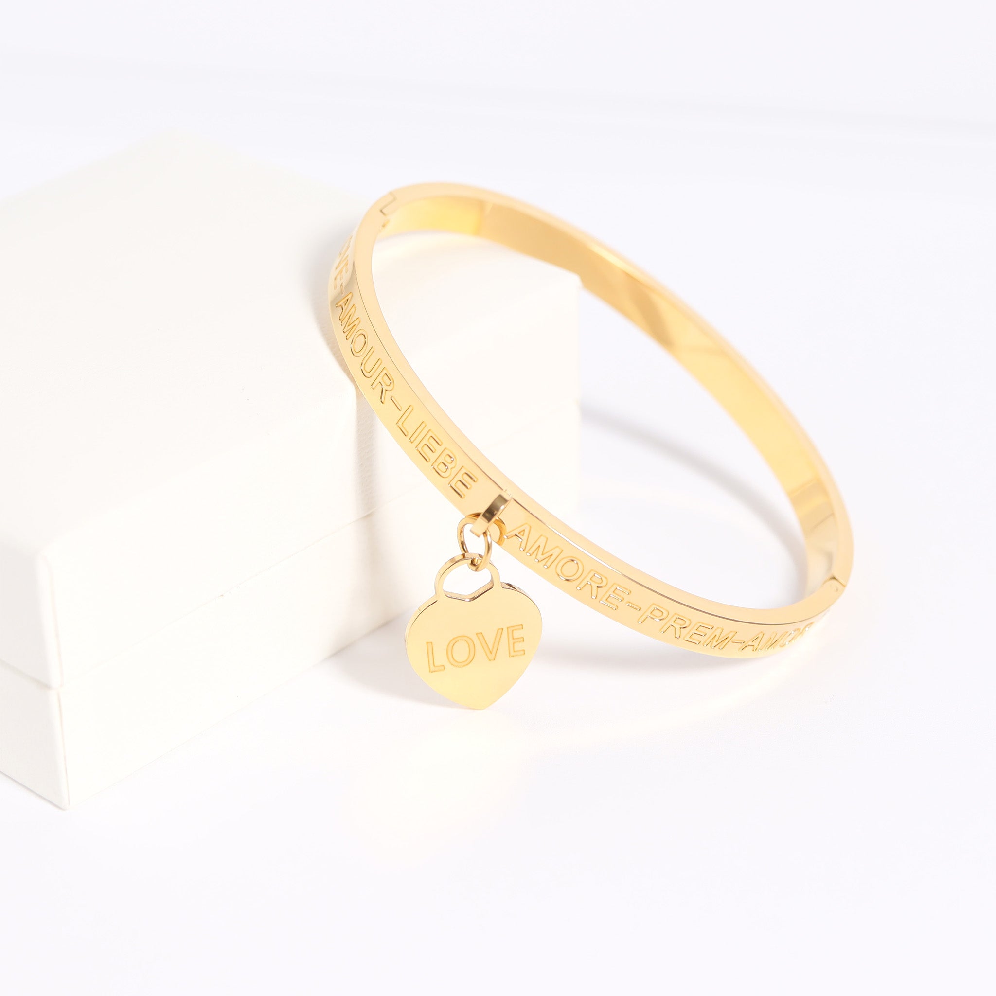 18K Gold PVD Stainless Steel Love Languages Heart Charm Bangle