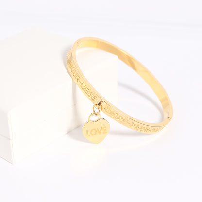 18K Gold PVD Stainless Steel Love Languages Heart Charm Bangle