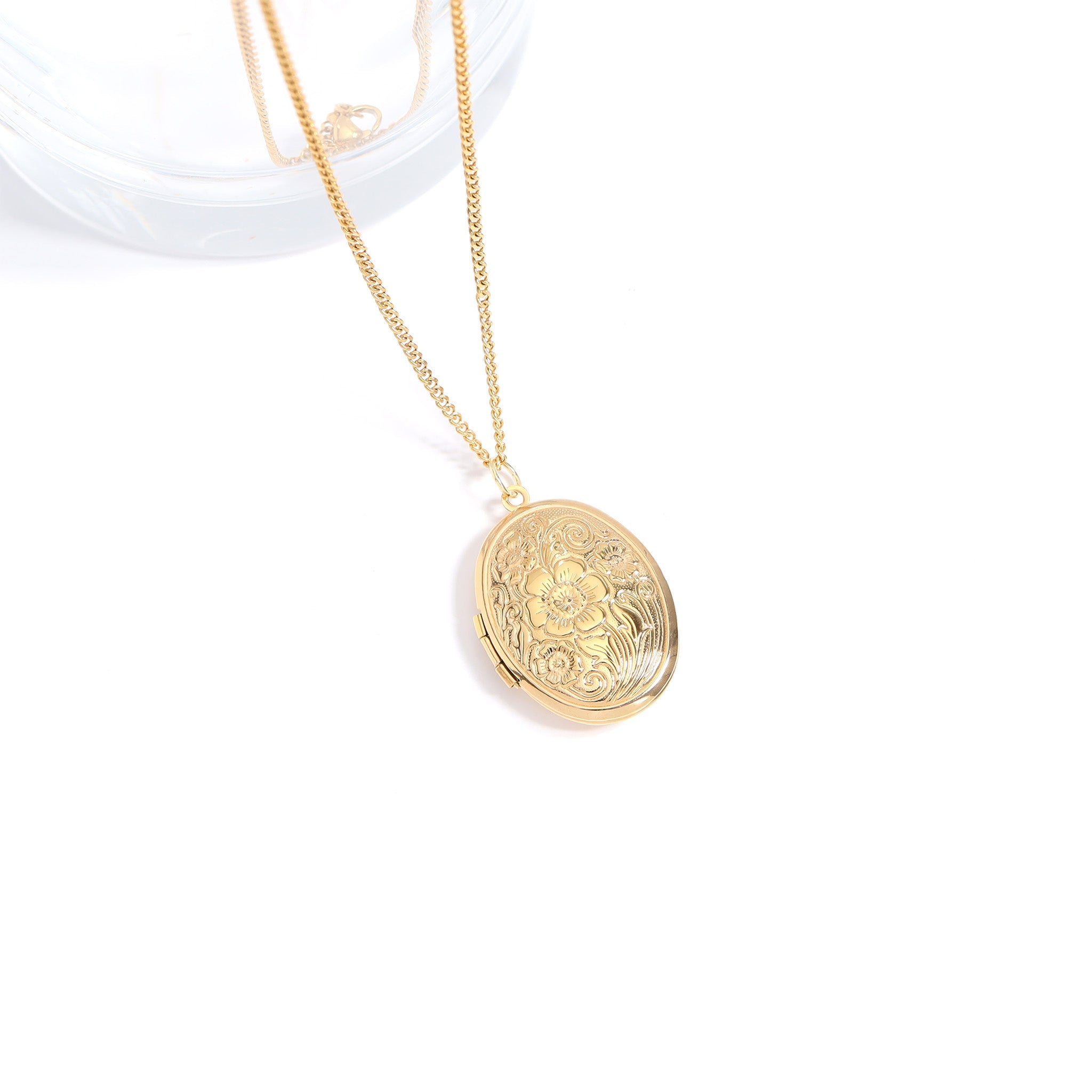 18K Gold PVD Stainless Steel Textured Oval Locket