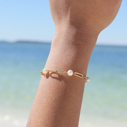 18K Gold PVD Stainless Steel Station Pearl Paperclip Bracelet