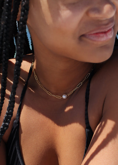 18K Gold PVD Stainless Steel Paperclip Necklace With Pearl