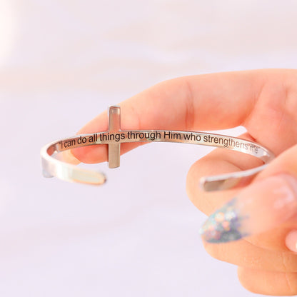 18K Gold PVD Stainless Steel Philippians 4:13 Cross Cuff Bracelet