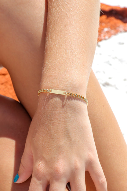 18K Gold PVD Stainless Steel Engravable Curb Chain Bar Bracelet