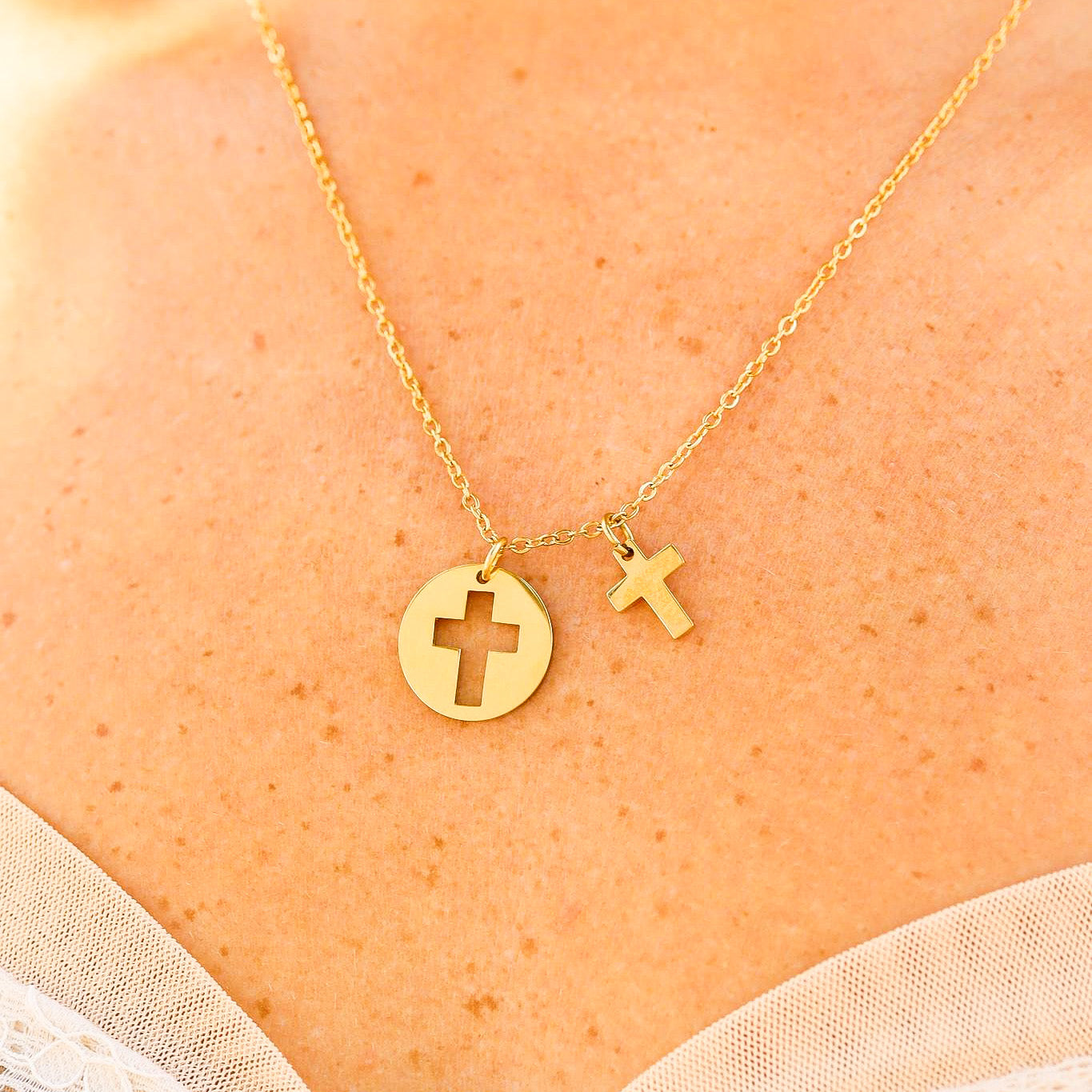18K Gold PVD Stainless Steel Cutout Cross Charm Necklace