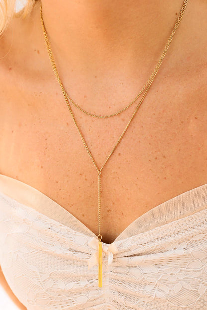 18K Gold PVD Stainless Steel Y-Shaped Bar Pendant Layered Lariat Necklace