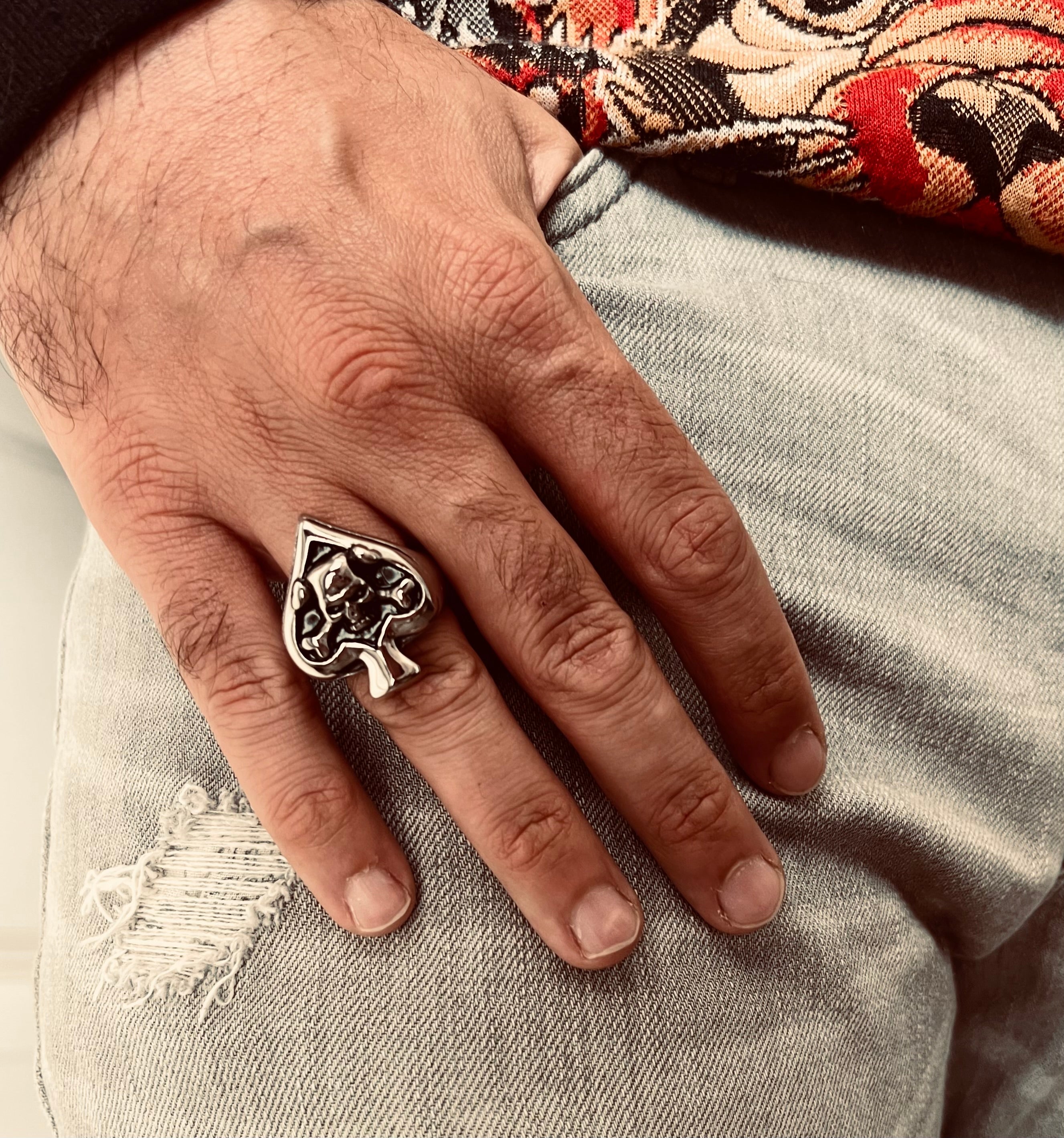 Stainless Steel Polished Skull of Spades Ace Signet Ring