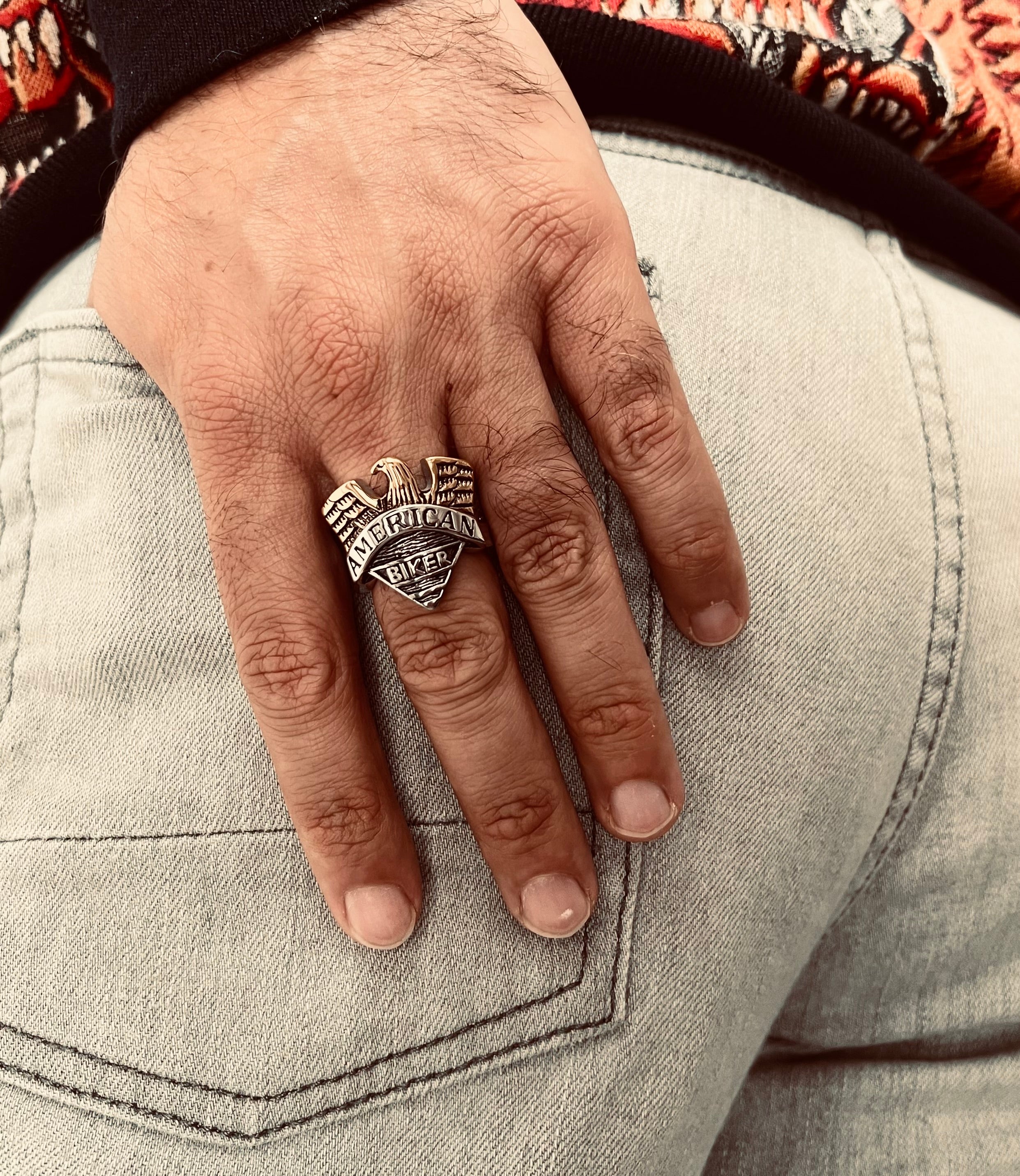 Stainless Steel "AMERICAN BIKER" With 18K Gold PVD Coated Eagle Ring