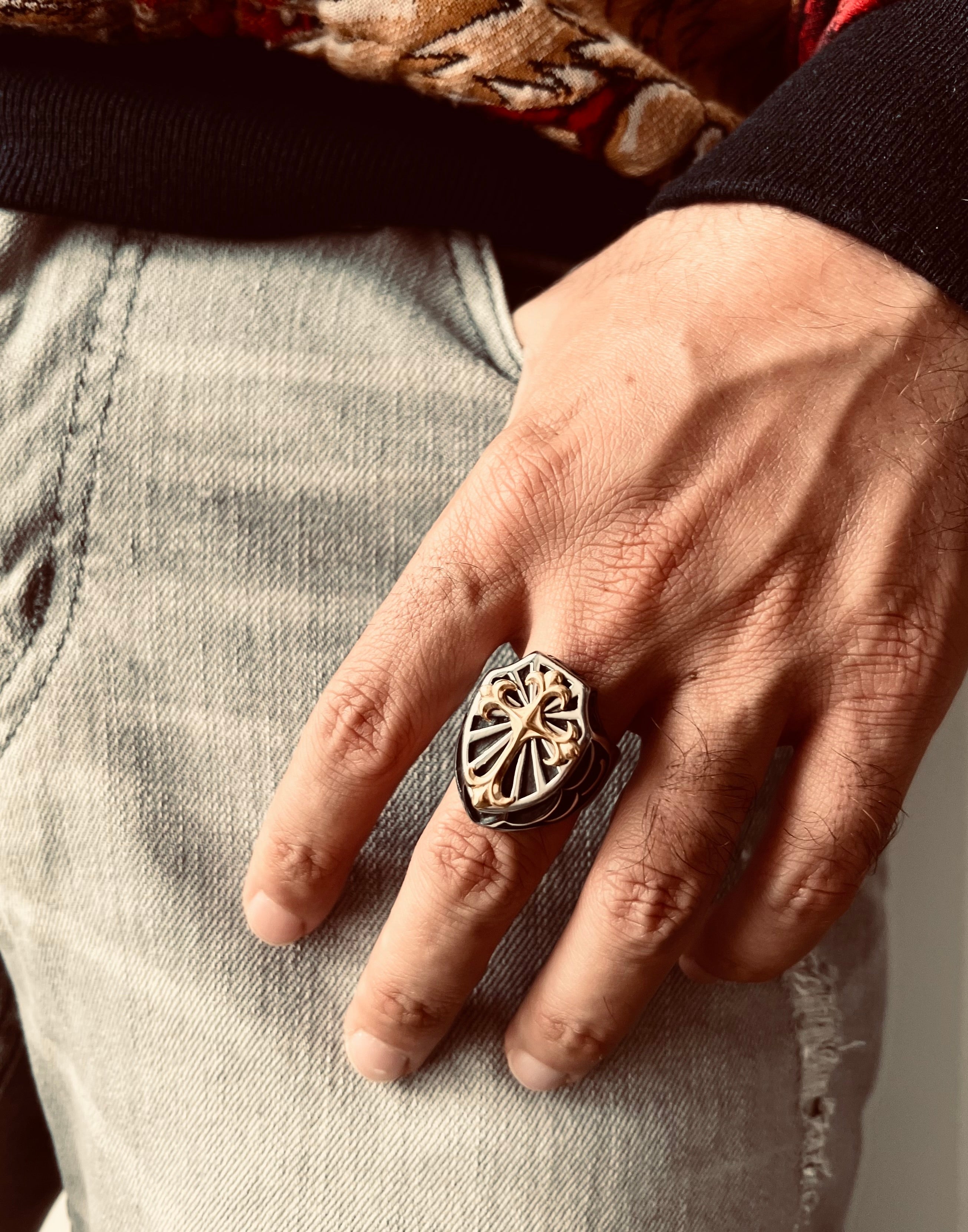 Stainless Steel 18K Gold PVD Coated Cross On Shield Signet Ring