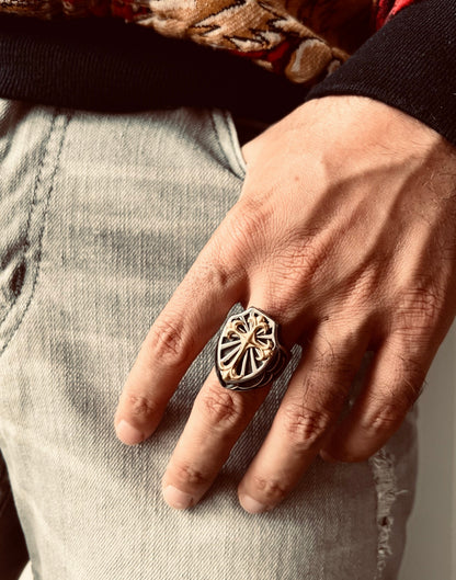 Stainless Steel 18K Gold PVD Coated Cross On Shield Signet Ring