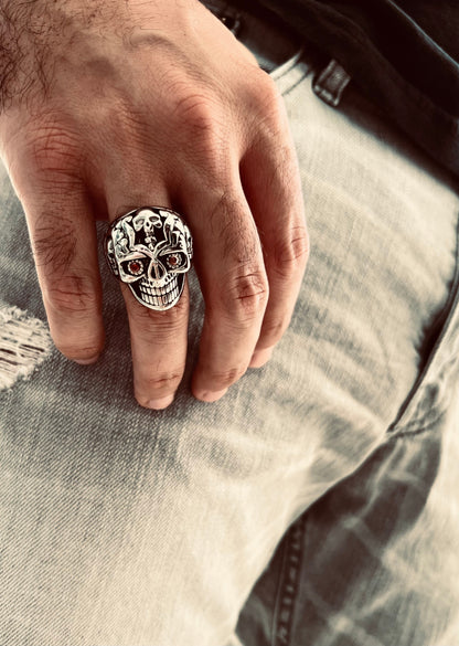 Stainless Steel Red CZ Eyed Sugar Skull Ring
