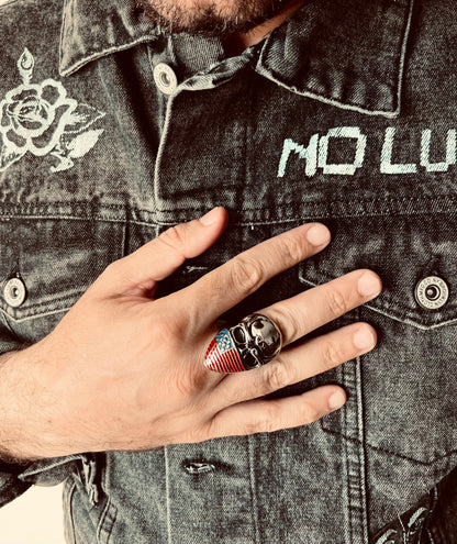 Stainless Steel USA American Flag Covered Skull Ring