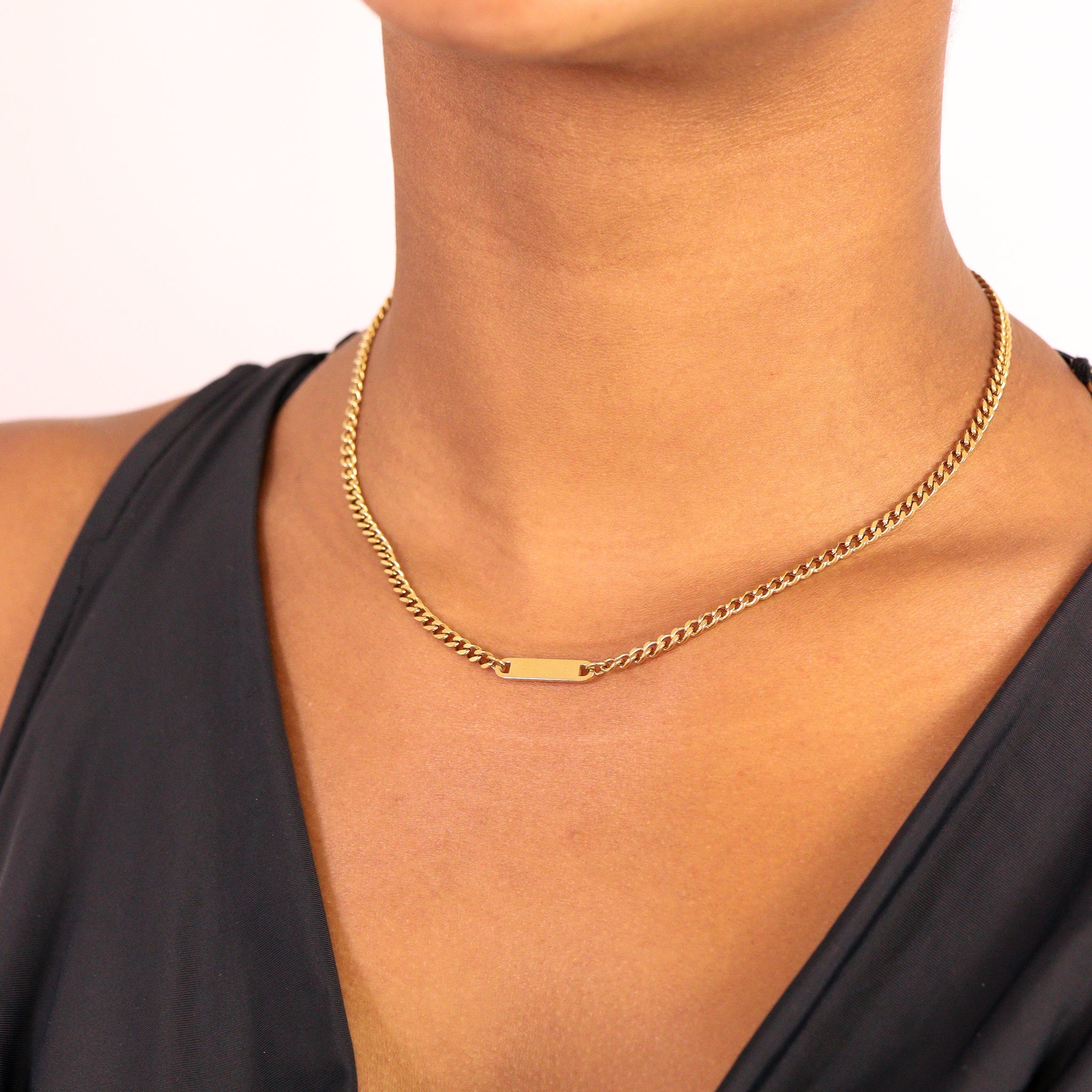 18K Gold PVD Stainless Steel Engravable Curb Chain Bar Necklace