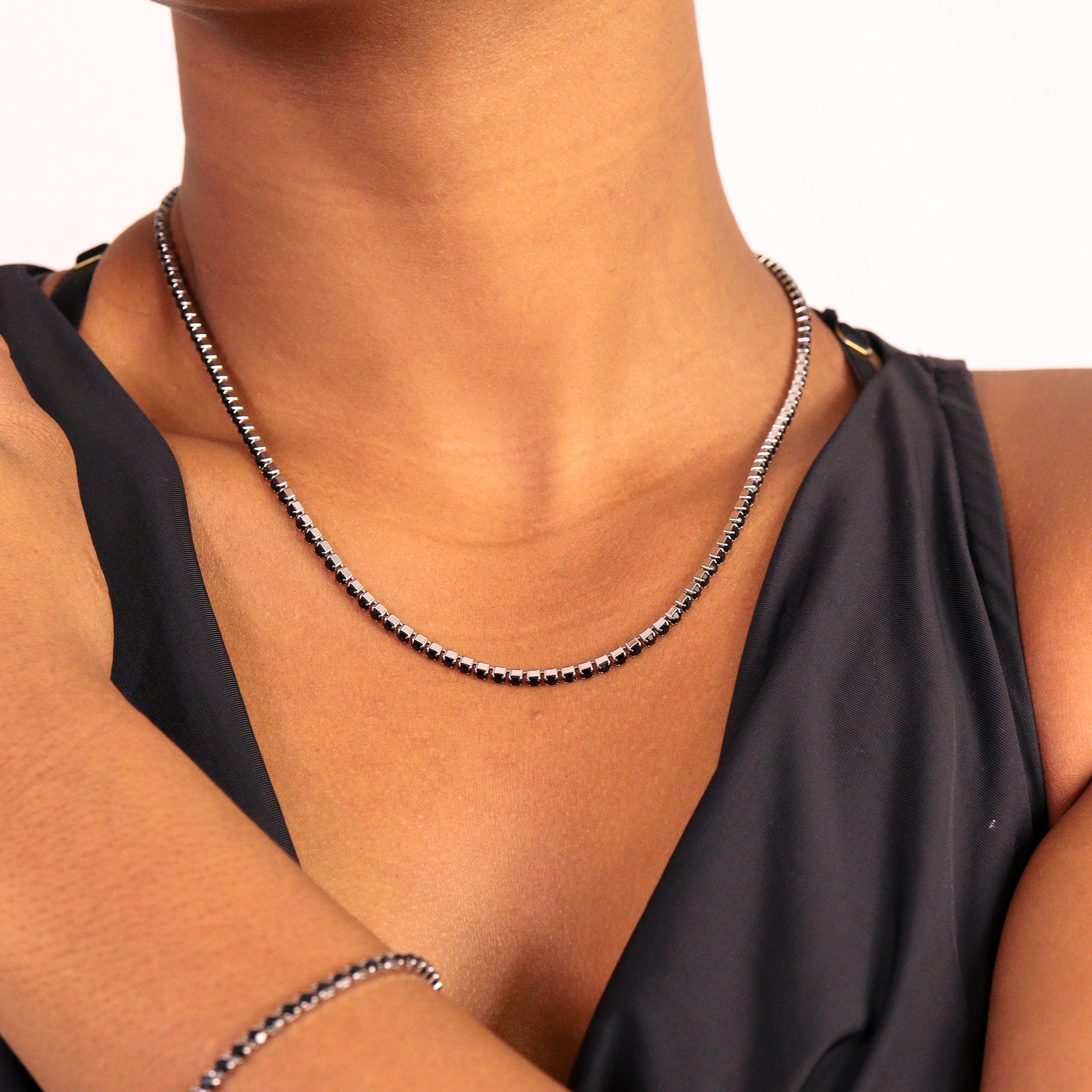 Stainless Steel Jet Rhinestone Tennis Chain Necklace