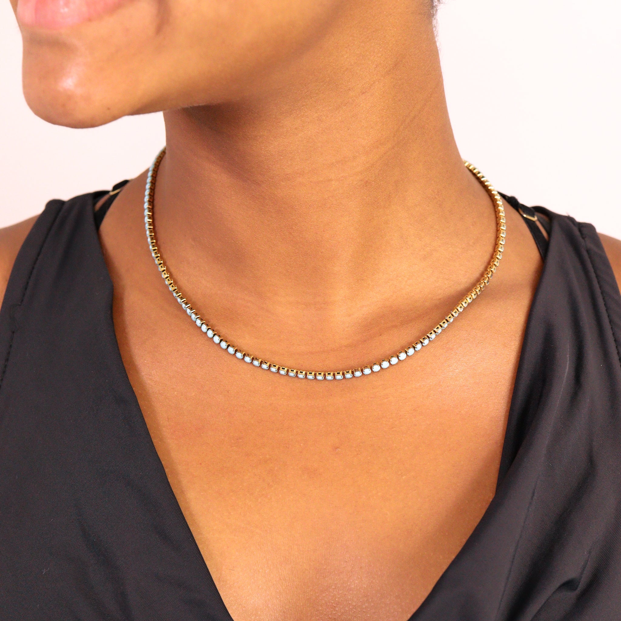 18K Gold PVD Stainless Steel Turquoise Rhinestone Tennis Chain Necklace