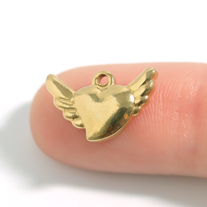 18K Gold PVD Stainless Steel Heart With Angel Wings Charm