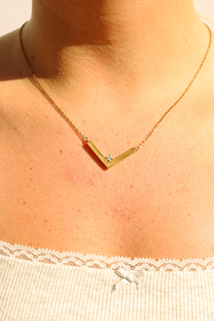 18K PVD Stainless Steel CZ V-Shaped Blank Pendant Necklace