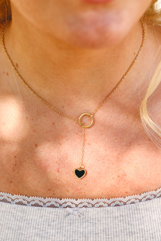 18K Gold PVD Stainless Steel Black Heart Lariat Necklace