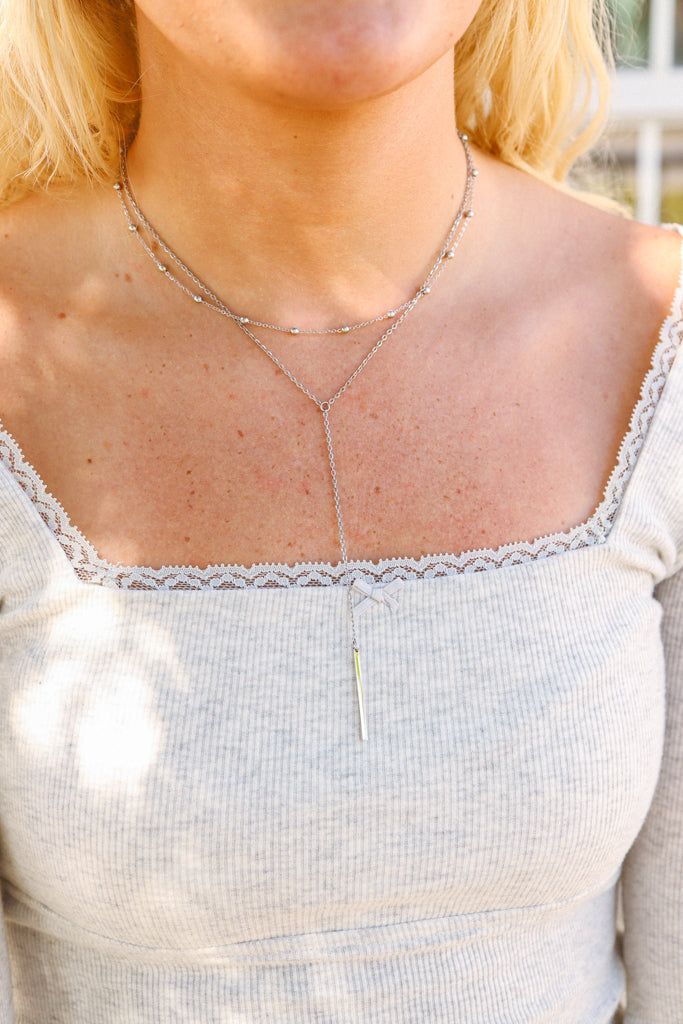18K Gold PVD Stainless Steel Drop Bar Layered Lariat Necklace