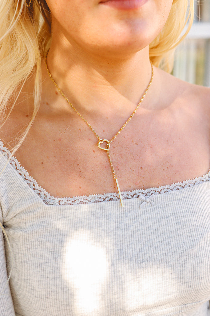18K Gold PVD Stainless Steel Heart with Drop Bar Lariat Necklace
