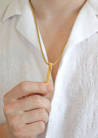 18K Gold PVD Stainless Steel Box Chain 4 Sided Vertical Blank Bar Necklace