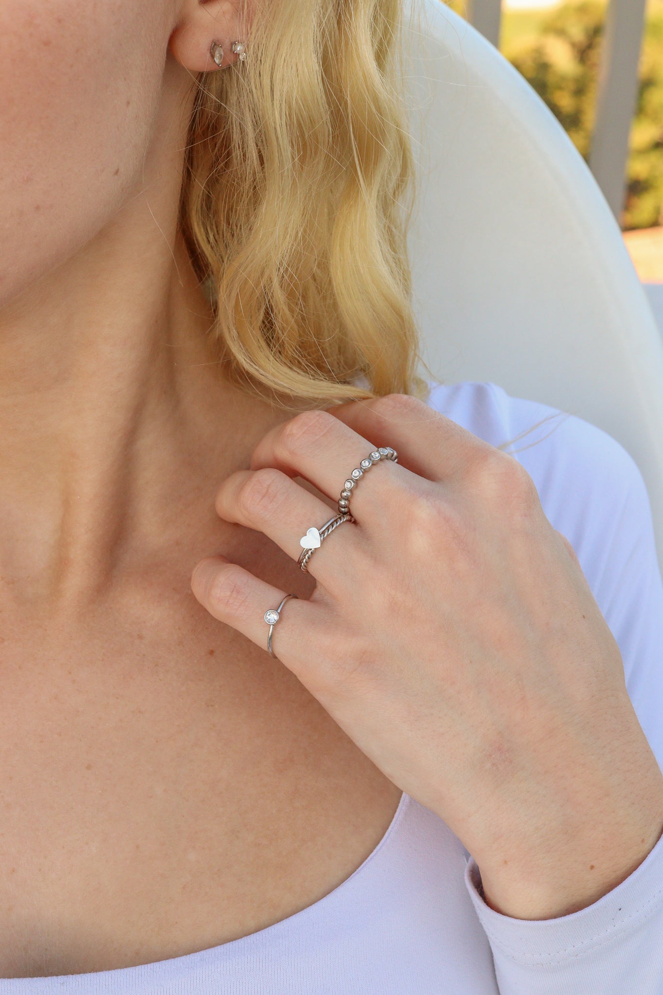 Stainless Steel Beaded CZ Stacking Ring
