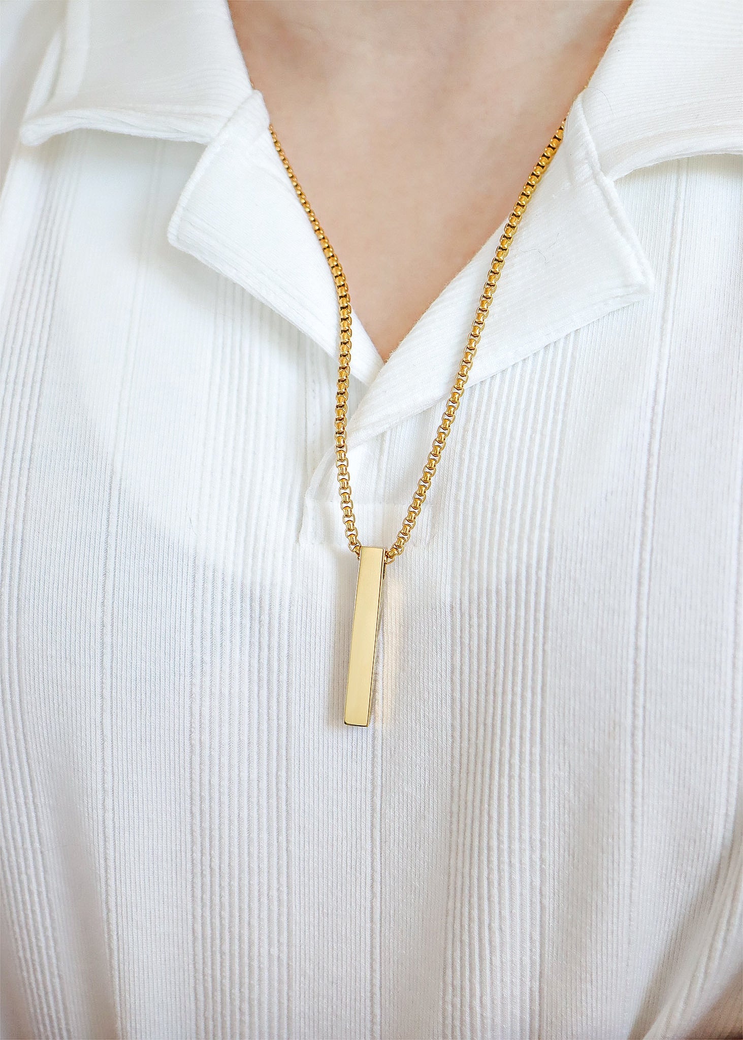 18K Gold PVD Stainless Steel Box Chain 4 Sided Vertical Blank Bar Necklace