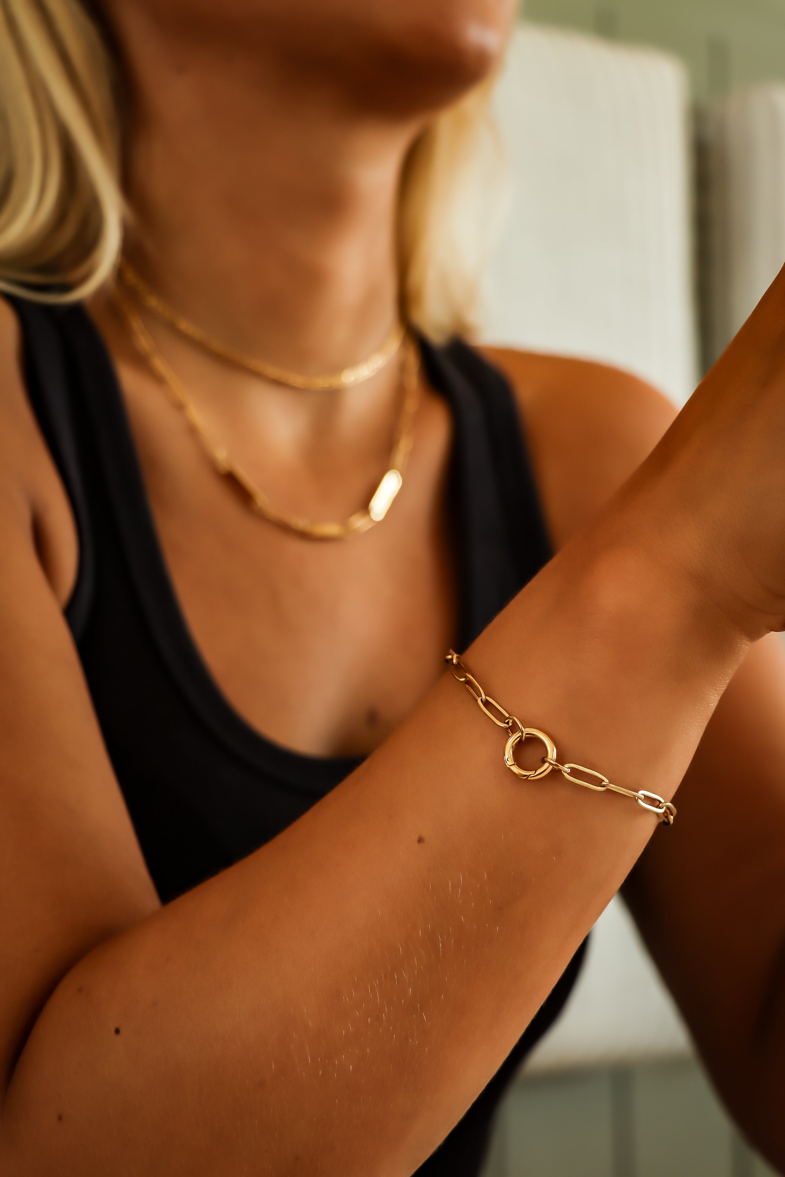 18K Gold PVD Stainless Steel Paperclip Charm Keeper Bracelet