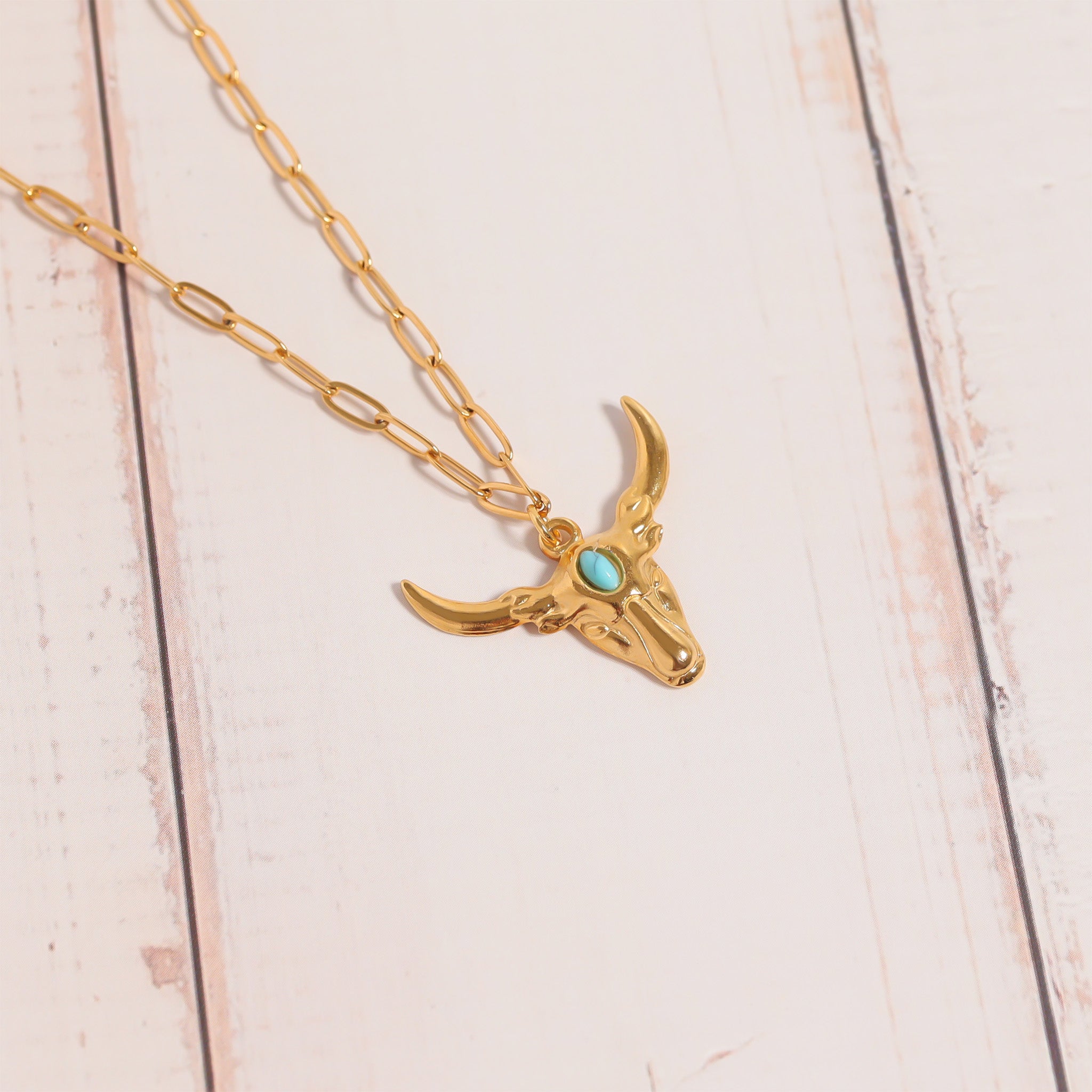 18K Gold PVD Stainless Steel Longhorn with Turquoise Charm