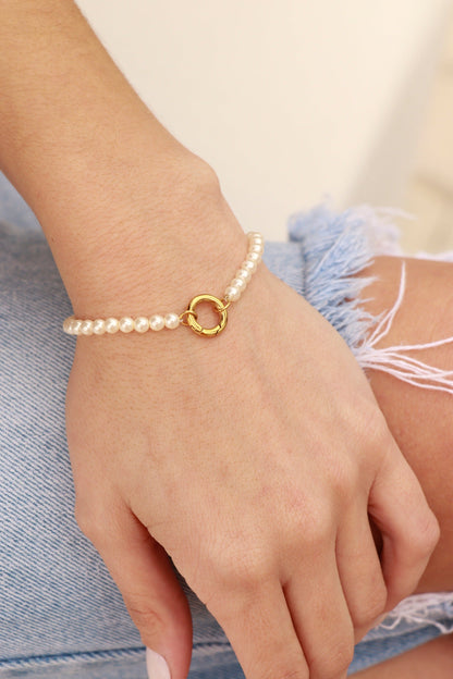 18K Gold PVD Stainless Steel Glass Pearl Charm Keeper Bracelet
