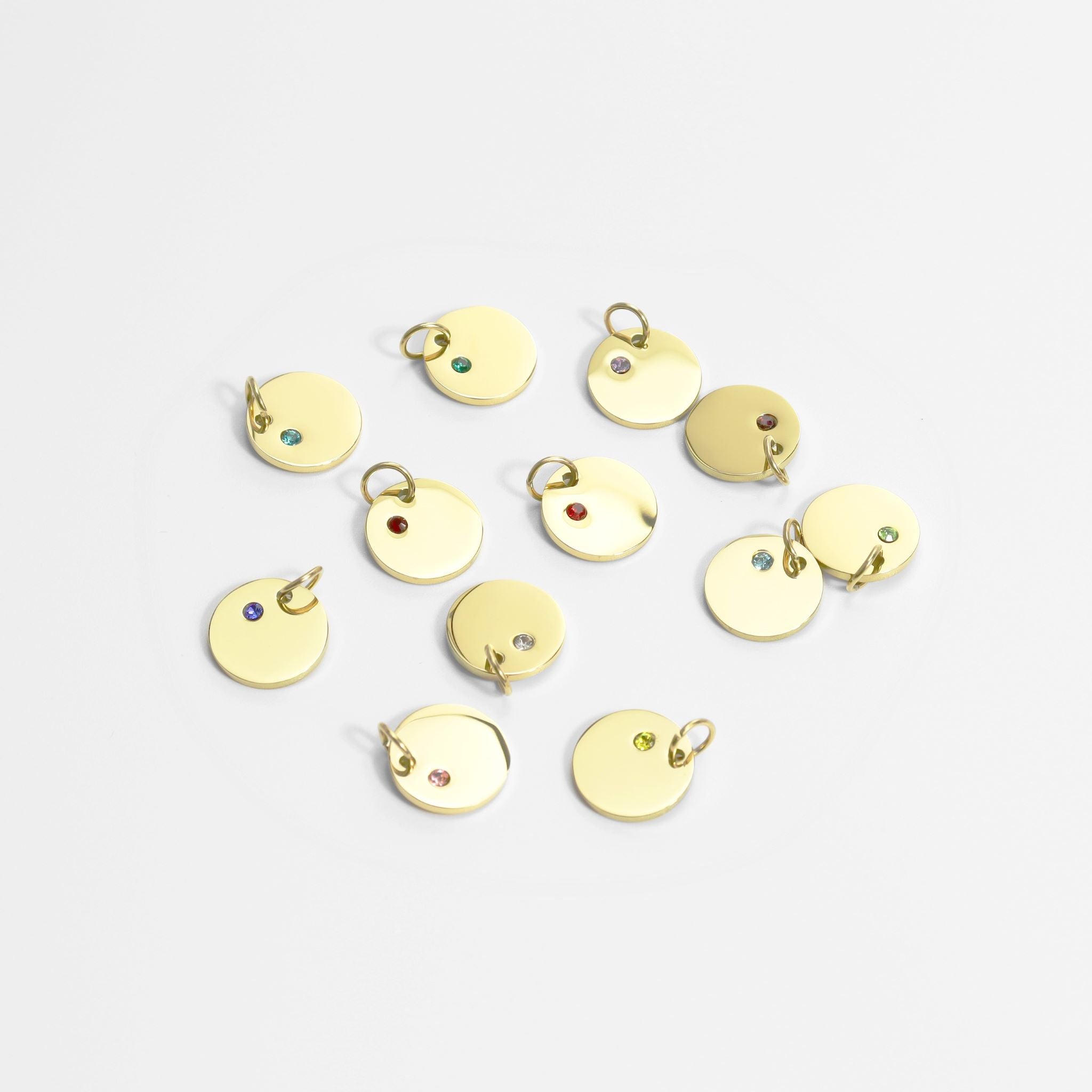 18K Gold PVD Stainless Steel CZ Birthstone Blank Circle Charm