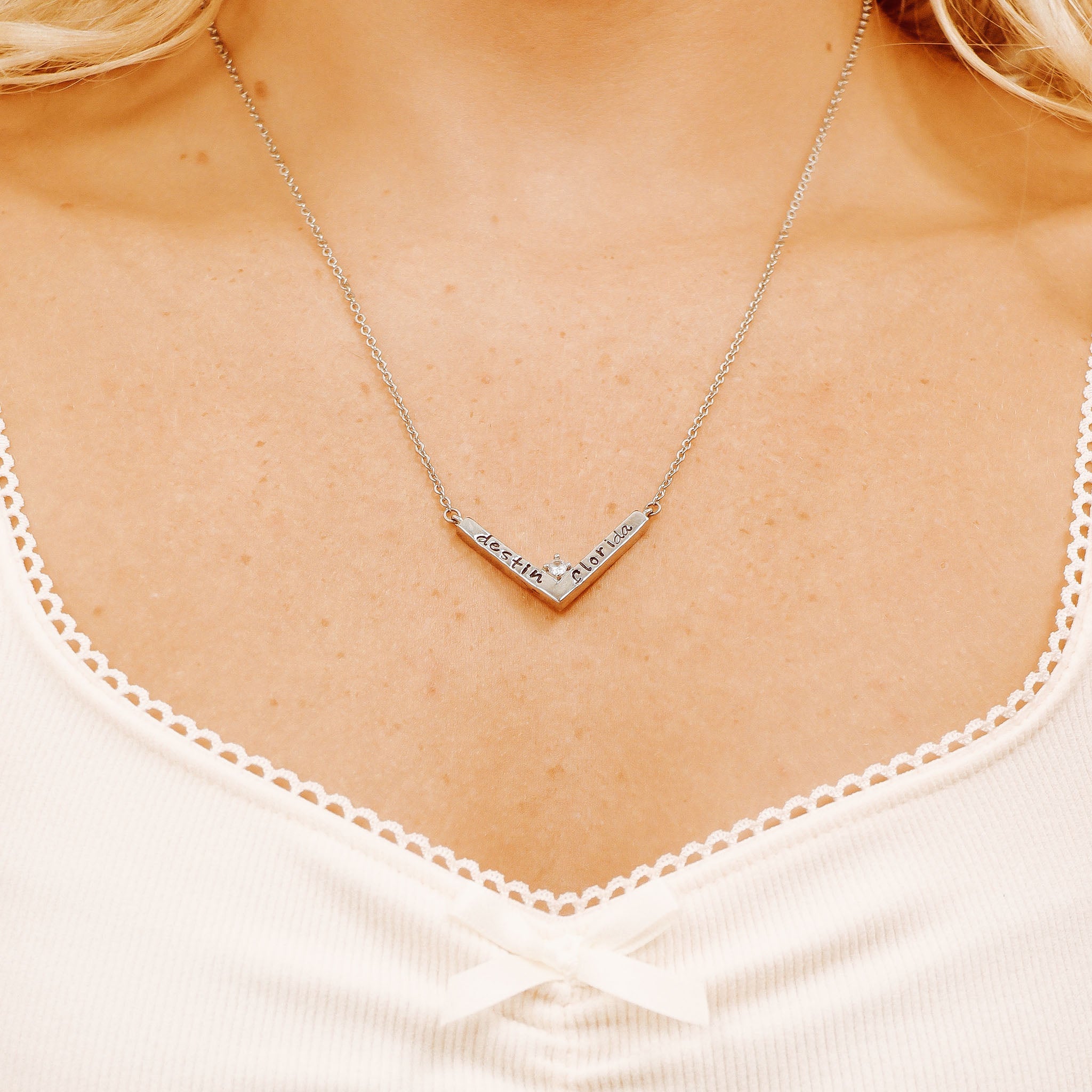 18K PVD Stainless Steel CZ V-Shaped Blank Pendant Necklace