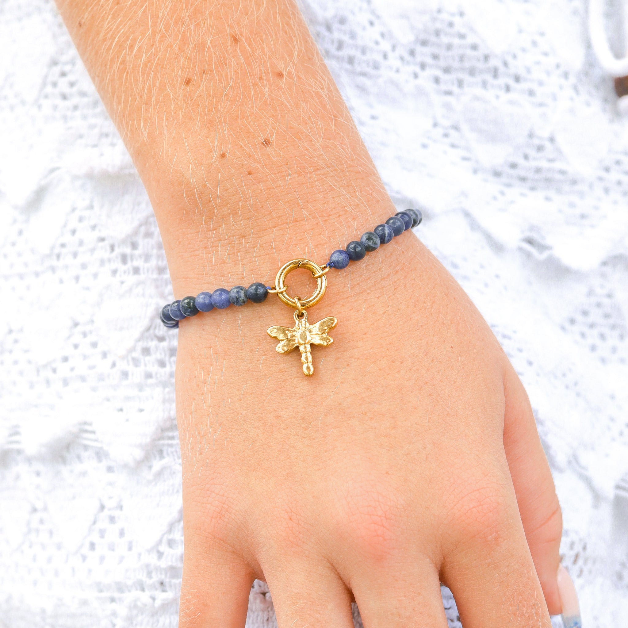 18K Gold PVD Stainless Steel Semi Precious Natural Stone Charm Keeper Bracelet