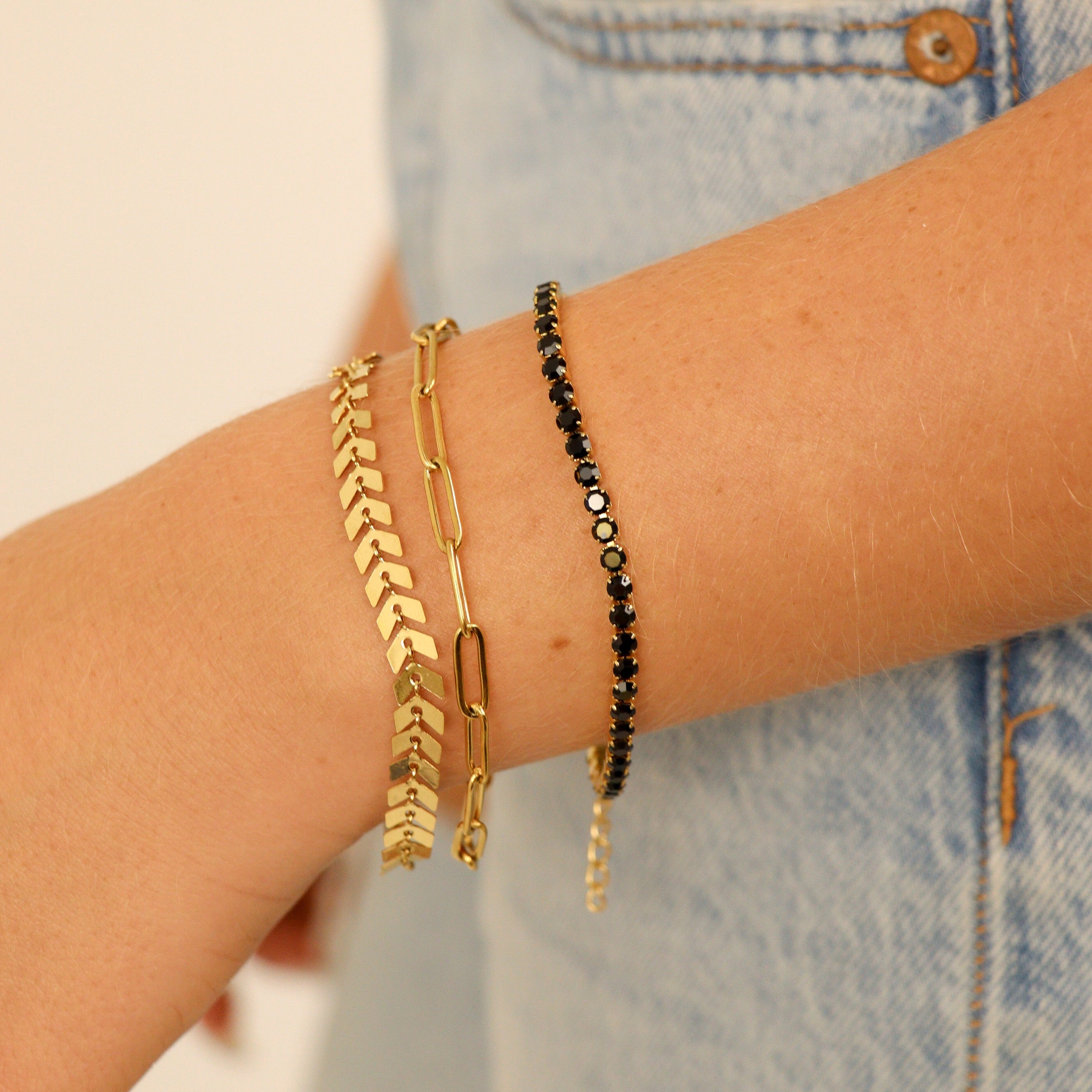 18K Gold PVD Stainless Steel Jet Rhinestone Tennis Chain Bracelet