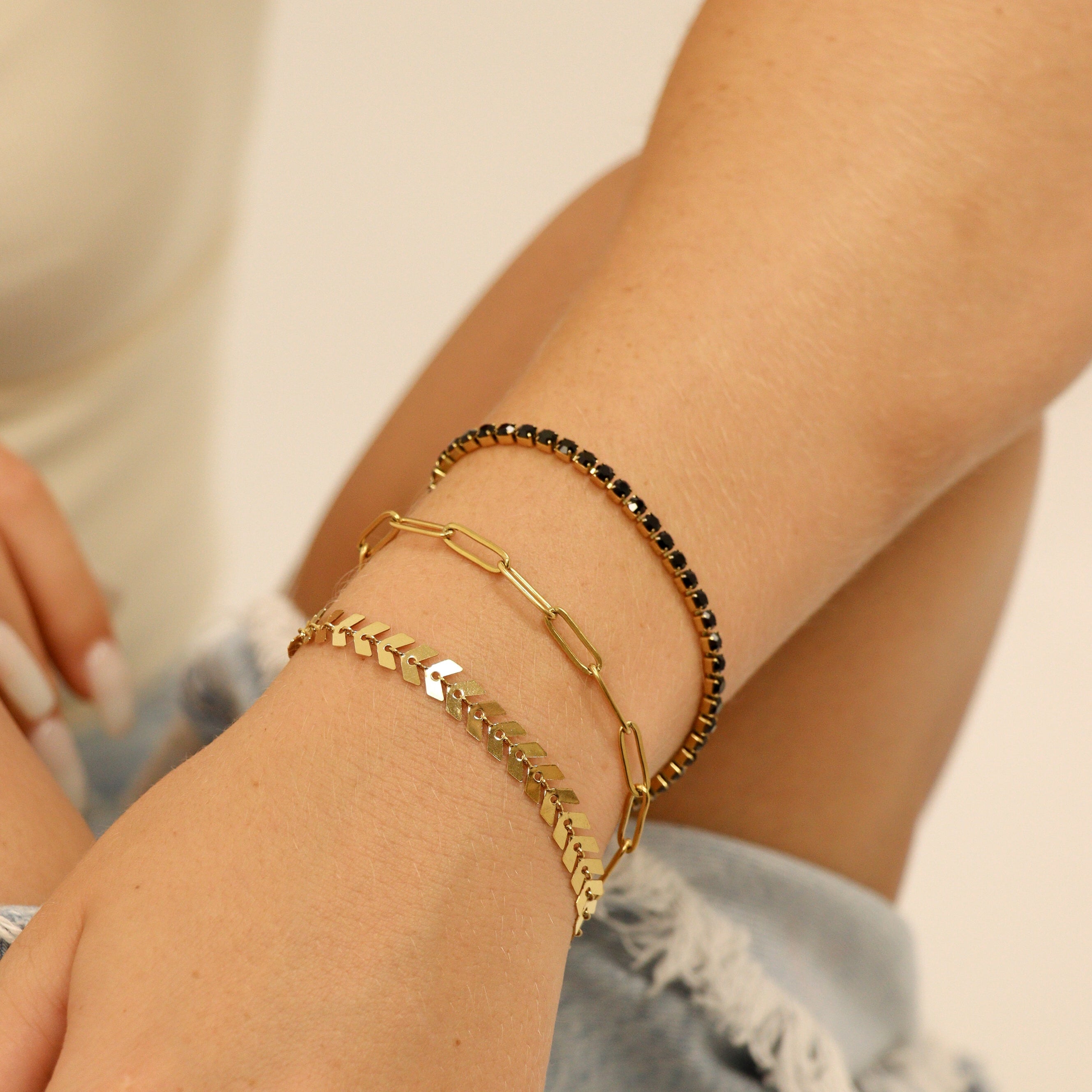 18K Gold PVD Stainless Steel Jet Rhinestone Tennis Chain Bracelet