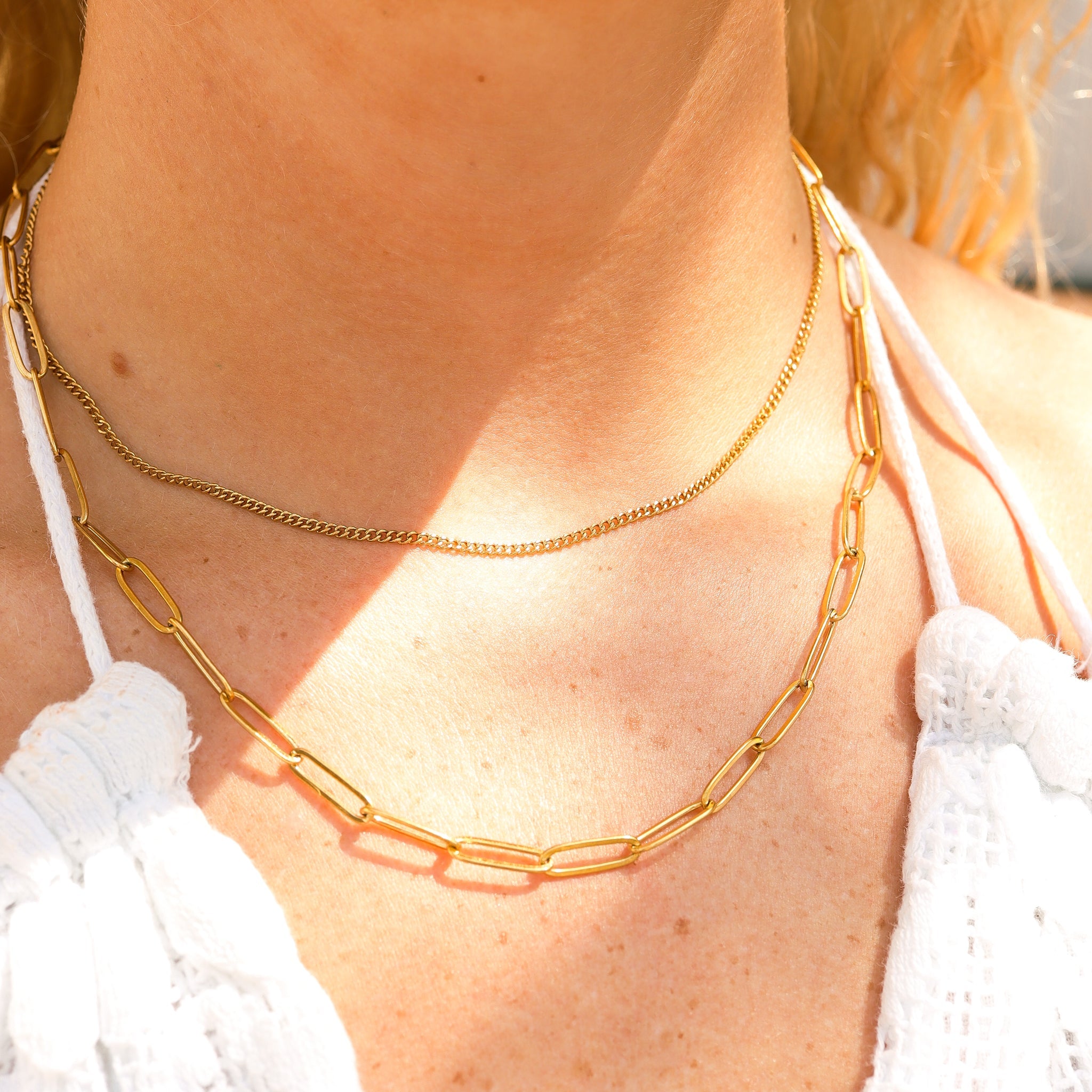 18K Gold PVD Stainless Steel Dainty Curb and Paperclip Layered Chain Necklace