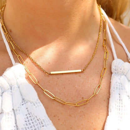 18K Gold PVD Stainless Steel Paperclip Layered Blank Bar Necklace